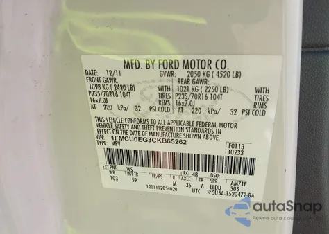 2012 Ford Escape Limited z USA, uszkodzony, nr VIN 1FMCU0EG3CKB65262